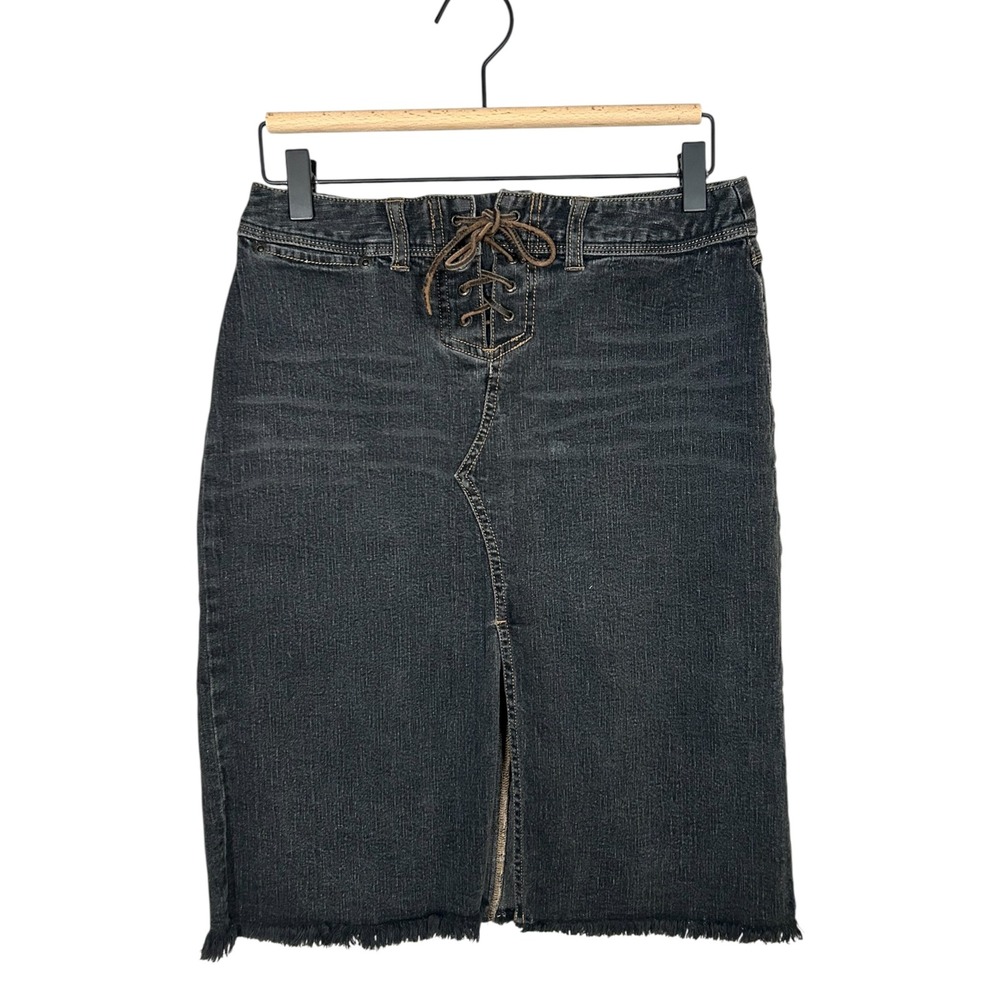 Express Jeans Vintage Y2K Jean Denim Lace Up Front Midi Skirt Frayed Hem Stretch